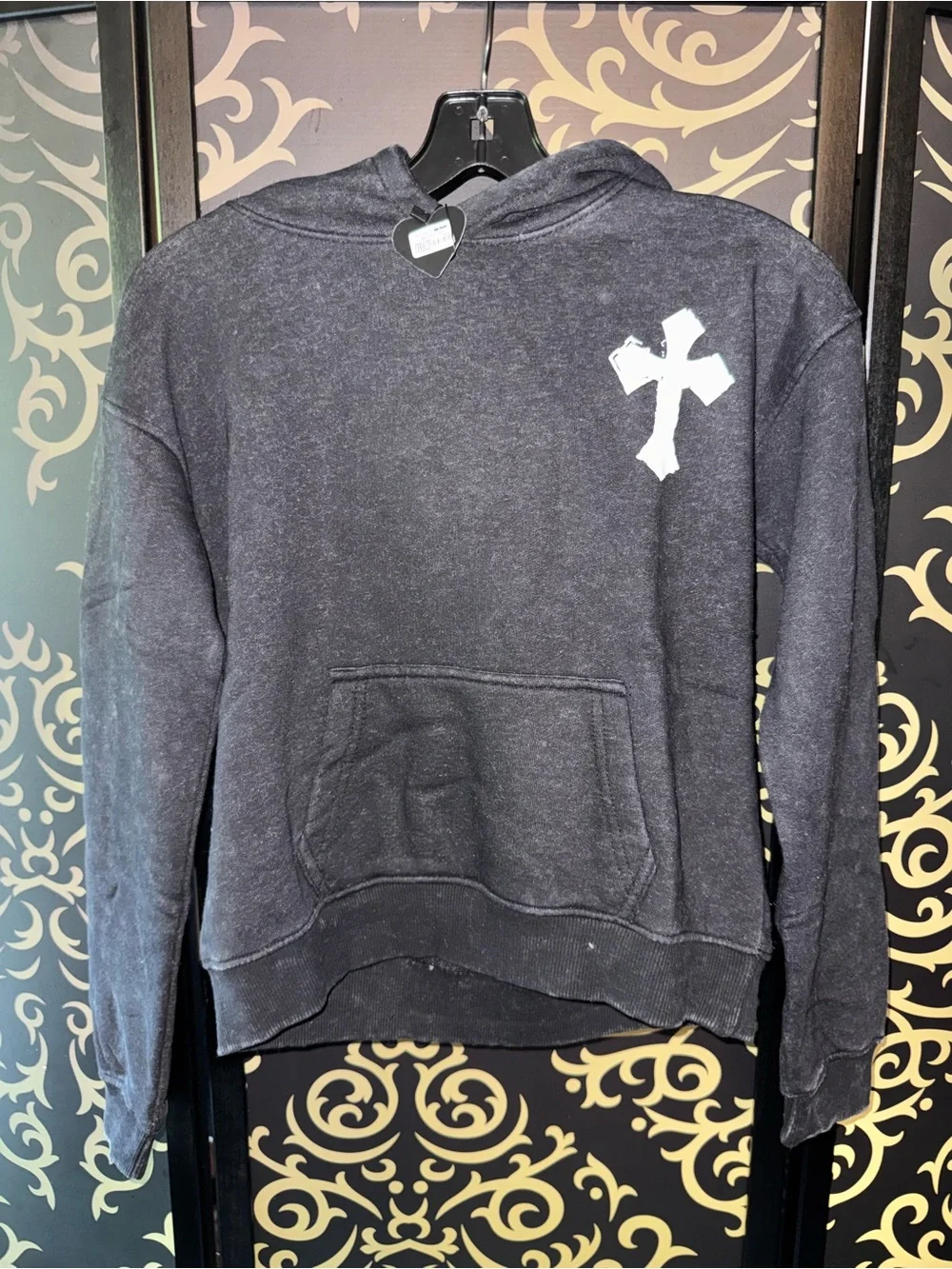 Fashion Nova Black Crewneck Hoodie with White Cross Graphic